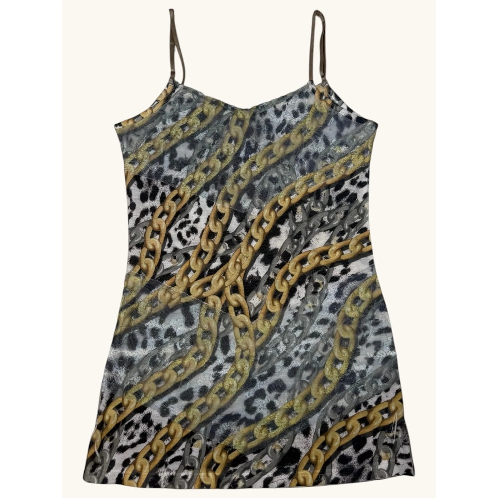 Cache Vintage Y2K Leopard Chain Print Mini Dress XS Bodycon Spaghetti Strap